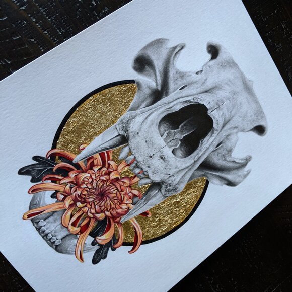 Original Art Print Skull and Chrysanthemum Fine Art Gold Leaf Embellished - Picture 4 of 4